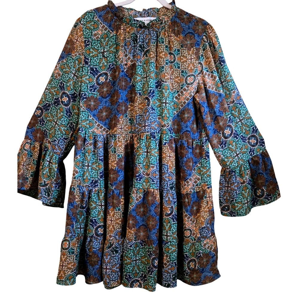 Boho Emma & Michele Blue Green Tile Print Tiered Bell Sleeve Mini Dress Large
